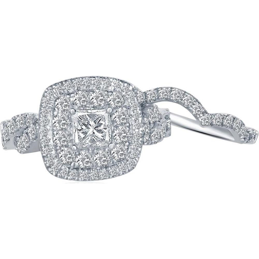 GND 14K White Gold Princess-Cut Diamond Bridal Wedding Ring Set with 2 Carat Total Diamond Weight