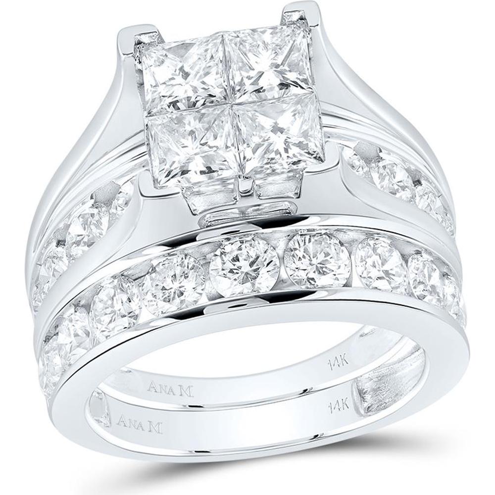 GND 14K White Gold Princess-Cut Diamond Bridal Wedding Ring Set with 5.00 Carat Total Diamond Weight