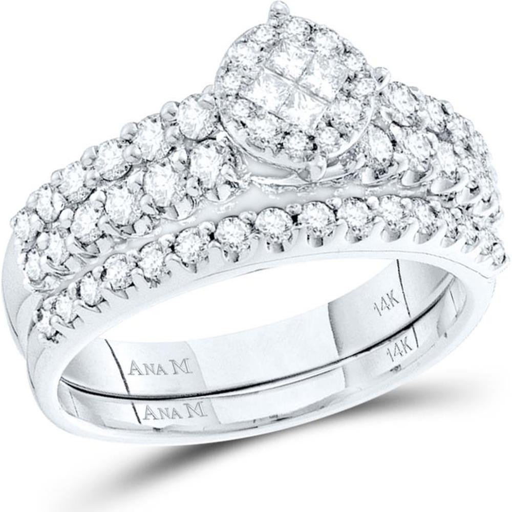 GND 14K White Gold Princess Cut Diamond Bridal Wedding Ring Set with Halo - 1.00 Carat Total Diamond Weight
