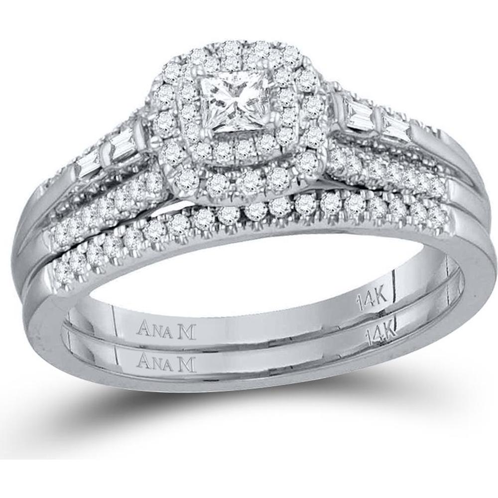 GND 14K White Gold Princess-Cut Diamond Bridal Wedding Ring Set with Halo and Baguette Diamonds - 1/2 Carat Total Weight