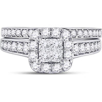 GND 14K White Gold Princess-Cut Diamond Bridal Wedding Ring Set with Round Diamonds - 1.00 Carat Total Diamond Weight