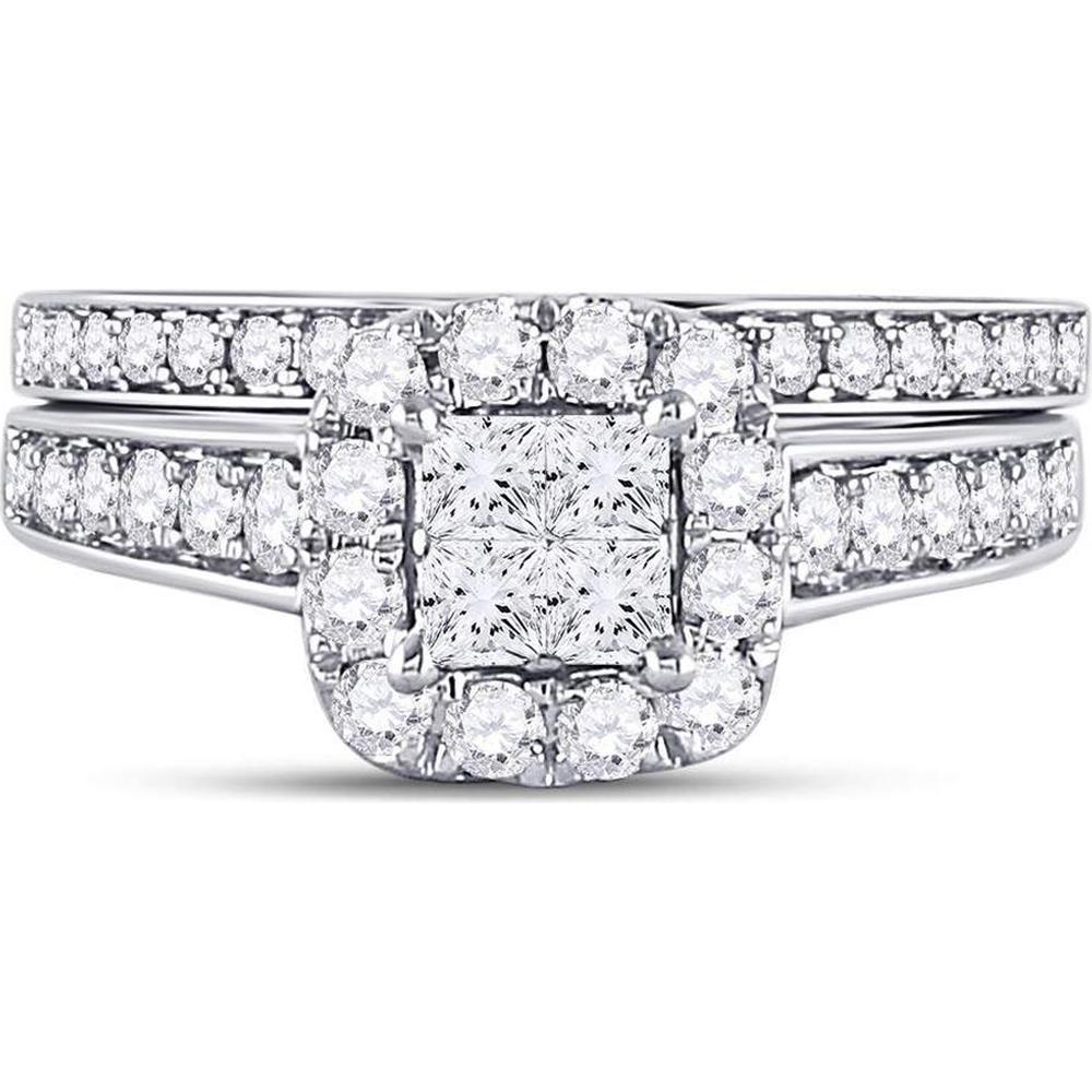 GND 14K White Gold Princess-Cut Diamond Bridal Wedding Ring Set with Round Diamonds - 1.00 Carat Total Diamond Weight