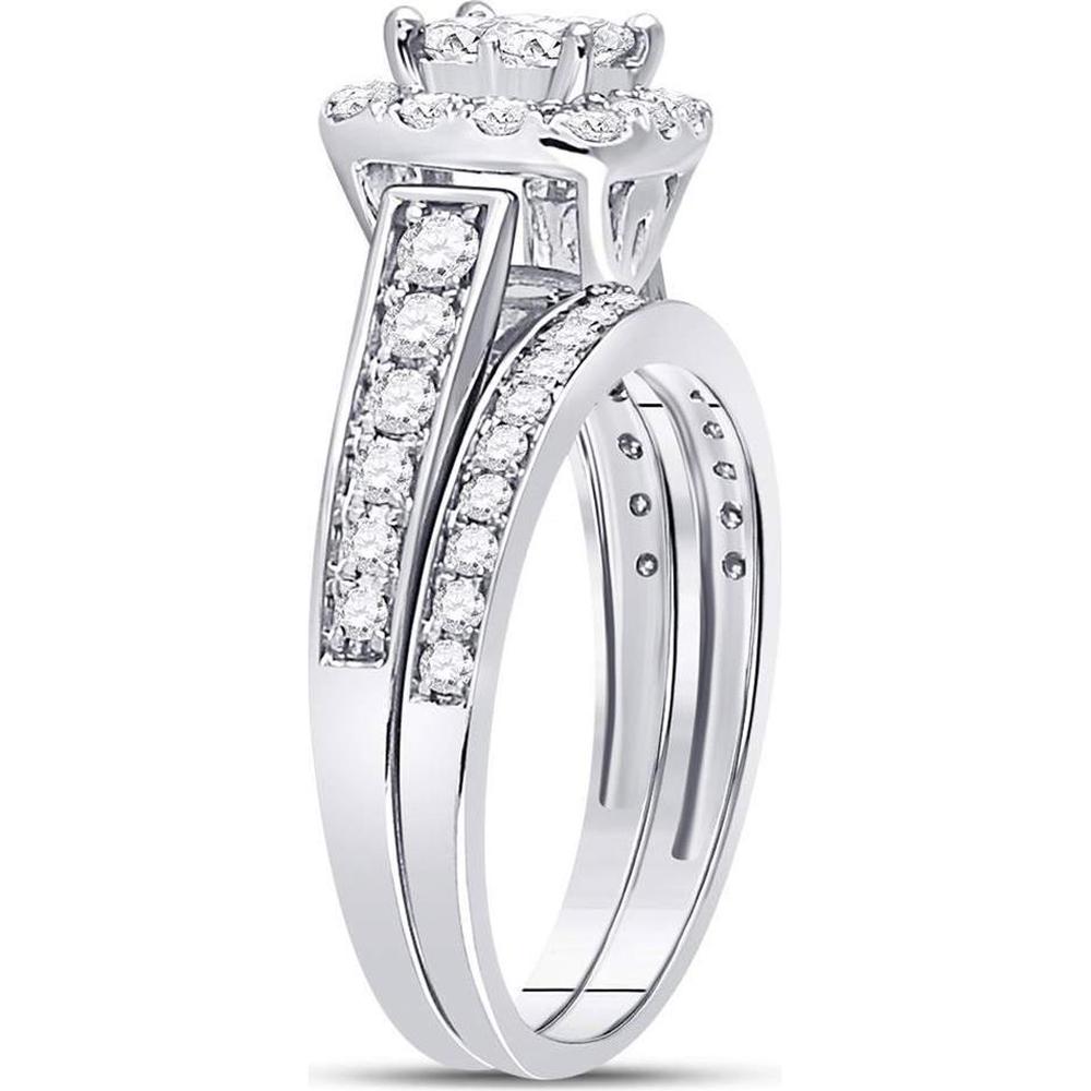 GND 14K White Gold Princess-Cut Diamond Bridal Wedding Ring Set with Round Diamonds - 1.00 Carat Total Diamond Weight
