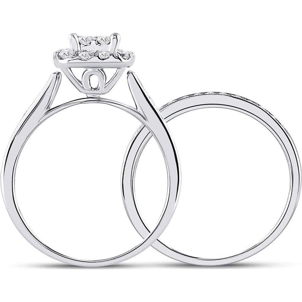 GND 14K White Gold Princess-Cut Diamond Bridal Wedding Ring Set with Round Diamonds - 1.00 Carat Total Diamond Weight