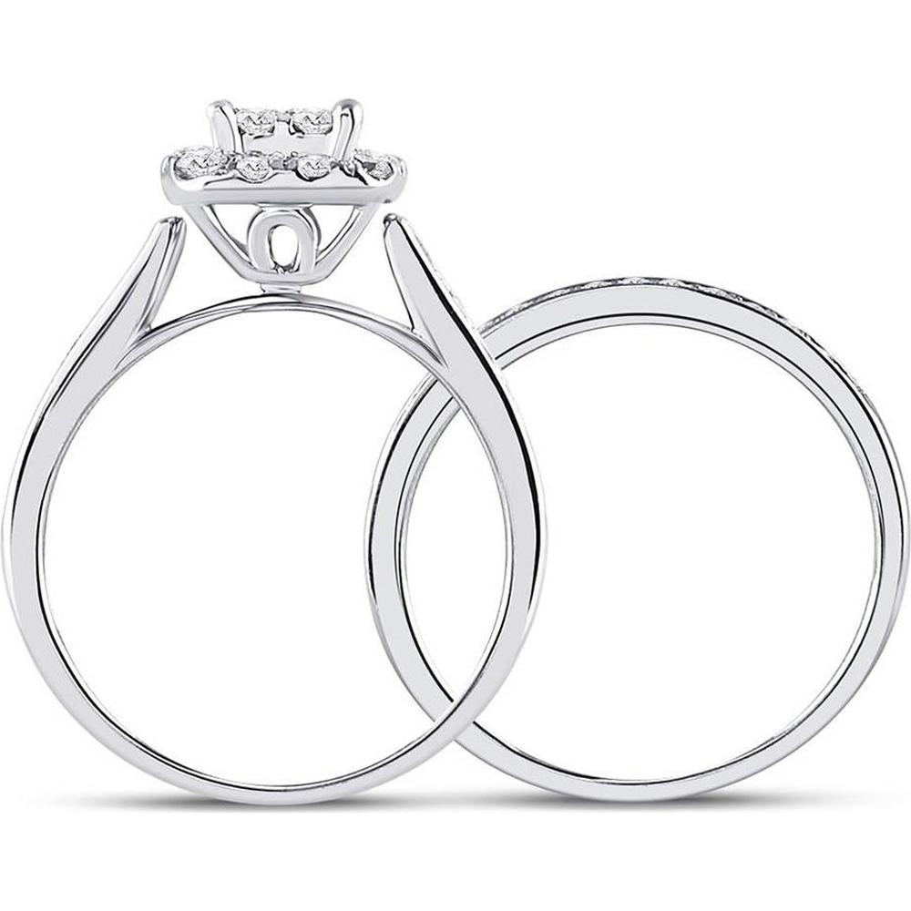 GND 14K White Gold Princess-Cut Diamond Bridal Wedding Ring Set with Round Diamonds - 1.00 Carat Total Diamond Weight