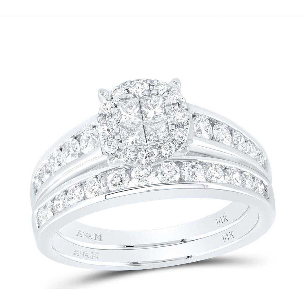 GND 14K White Gold Princess-Cut Diamond Bridal Wedding Ring Set with Round Diamonds - 1.00 Carat Total Diamond Weight