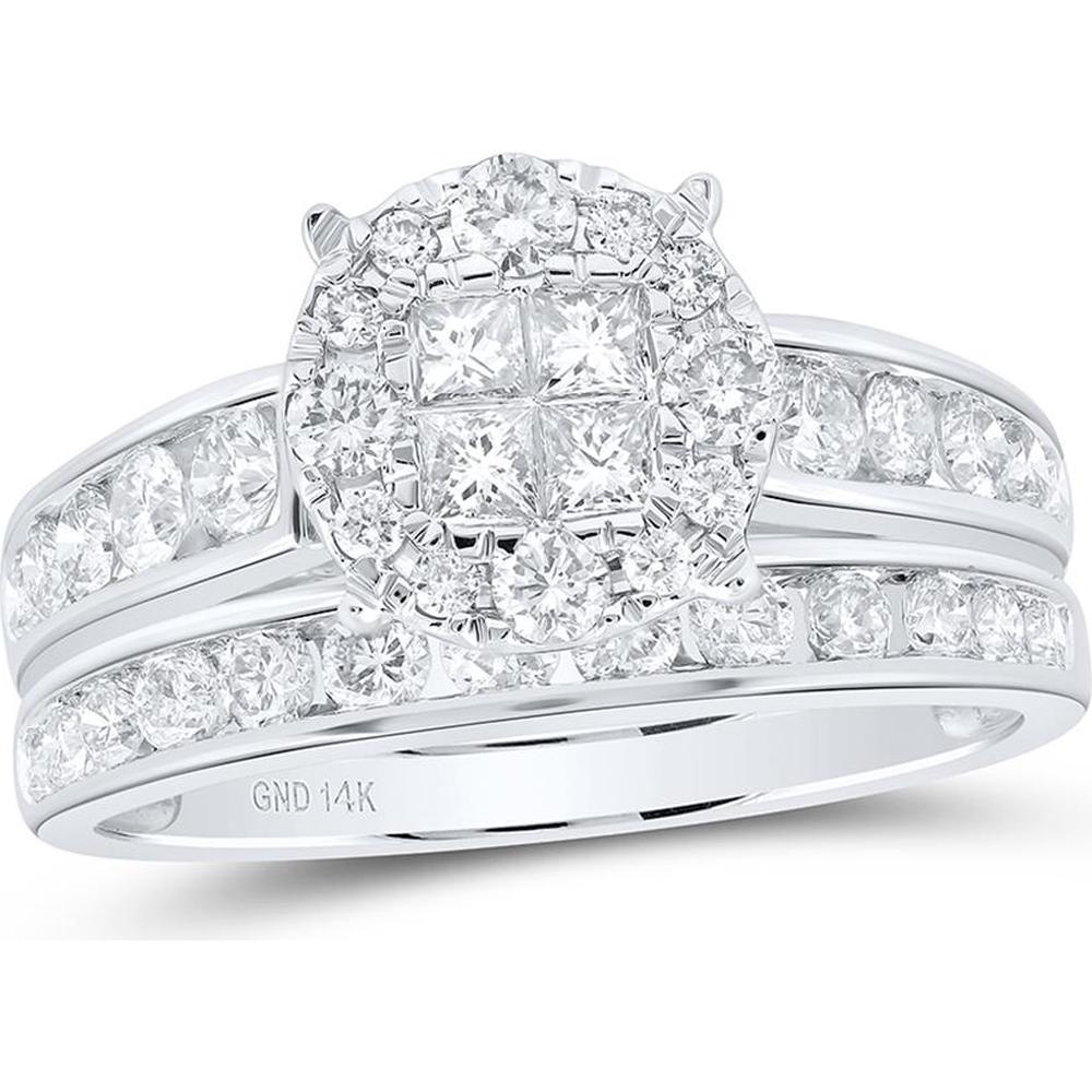 GND 14K White Gold Princess Cut Diamond Bridal Wedding Ring Set with Round Prong and Channel Set Diamonds – 1 3/8 Total Carat Weight