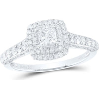 GND 14K White Gold Princess-Cut Diamond Engagement Ring with Halo and Round Diamond Band – 1.00 Carat Total Diamond Weight