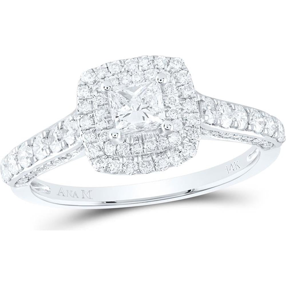GND 14K White Gold Princess-Cut Diamond Engagement Ring with Halo and Round Diamond Band – 1.00 Carat Total Diamond Weight