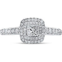 GND 14K White Gold Princess-Cut Diamond Engagement Ring with Halo and Round Diamond Band – 1.00 Carat Total Diamond Weight