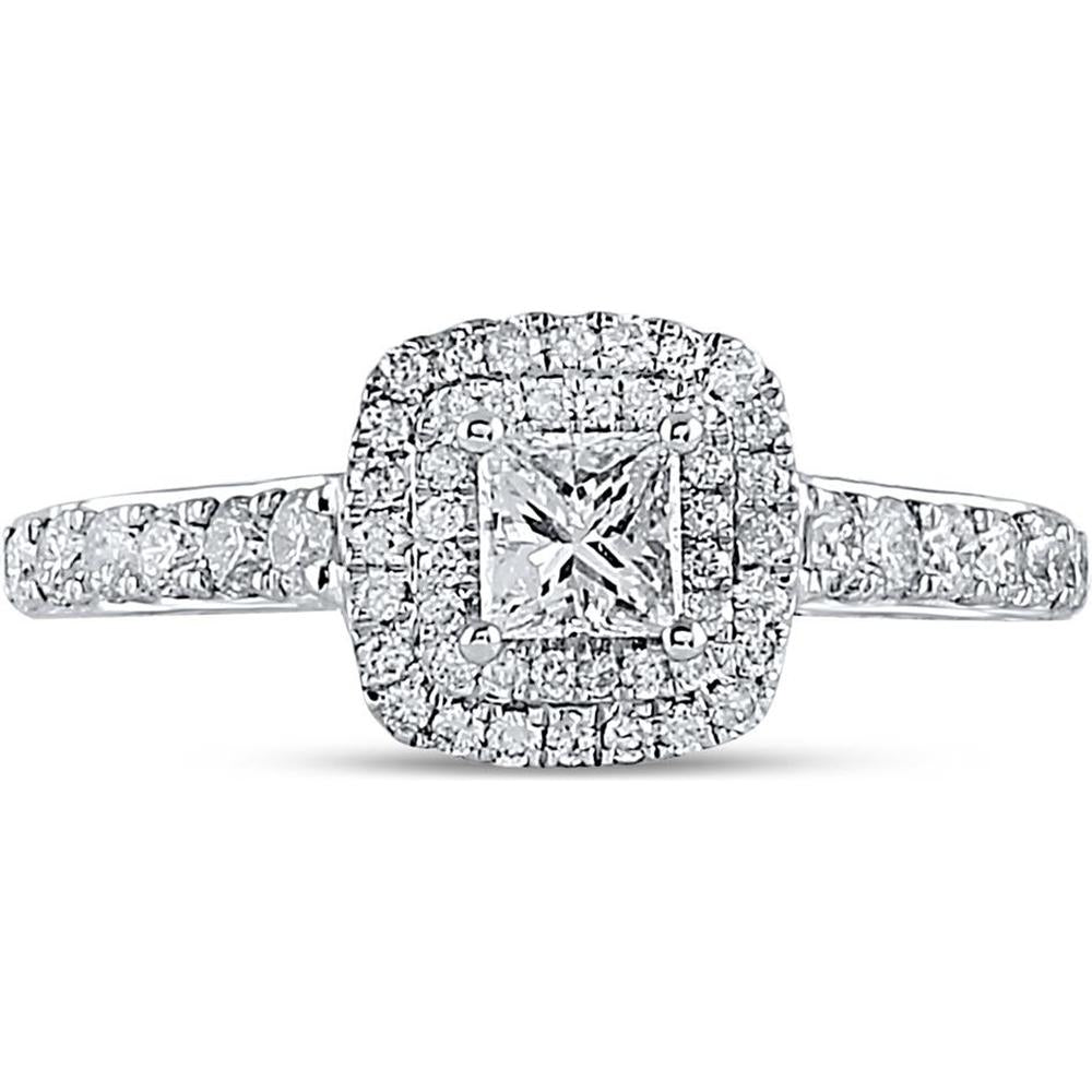 GND 14K White Gold Princess-Cut Diamond Engagement Ring with Halo and Round Diamond Band – 1.00 Carat Total Diamond Weight