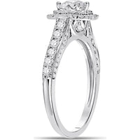 GND 14K White Gold Princess-Cut Diamond Engagement Ring with Halo and Round Diamond Band – 1.00 Carat Total Diamond Weight