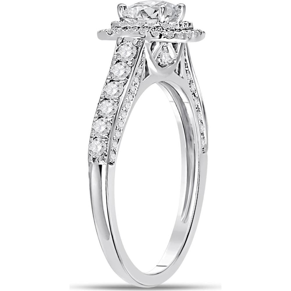 GND 14K White Gold Princess-Cut Diamond Engagement Ring with Halo and Round Diamond Band – 1.00 Carat Total Diamond Weight