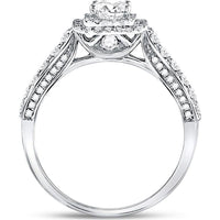 GND 14K White Gold Princess-Cut Diamond Engagement Ring with Halo and Round Diamond Band – 1.00 Carat Total Diamond Weight