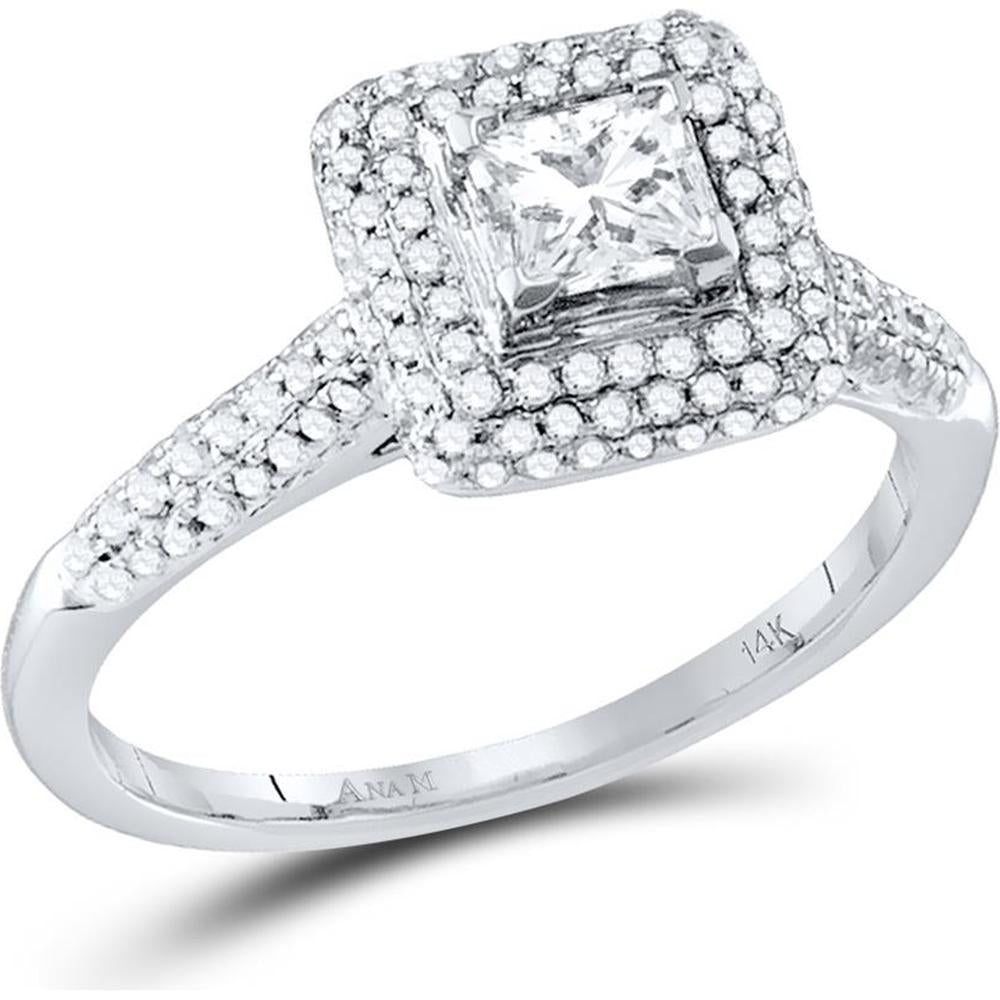 GND 14K White Gold Princess-Cut Diamond Halo Bridal Engagement Ring with 1 Carat Total Diamond Weight