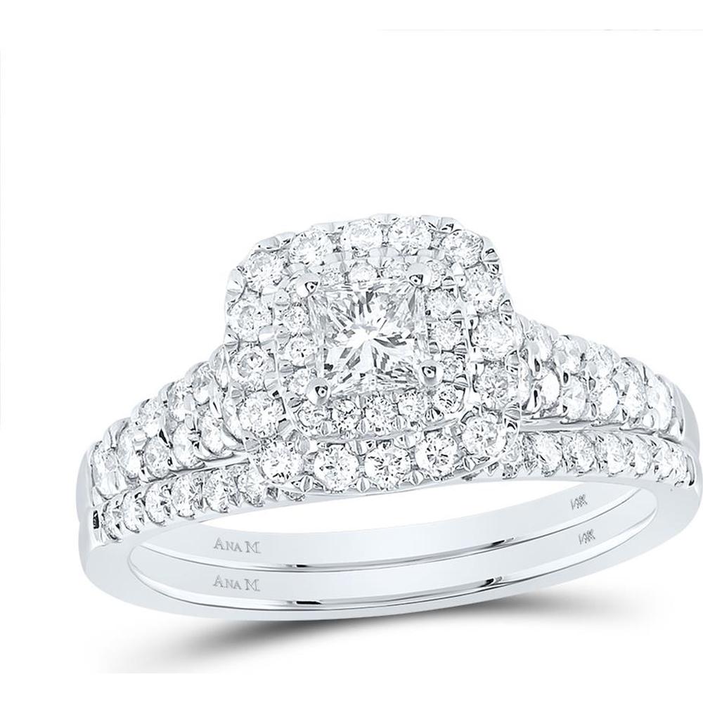 GND 14K White Gold Princess-Cut Diamond Halo Bridal Wedding Ring Set – 1.00 Carat Total Diamond Weight
