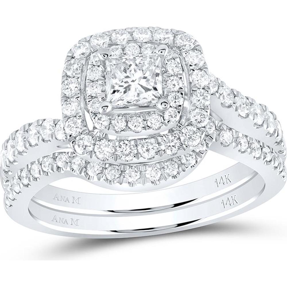 GND 14K White Gold Princess Cut Diamond Halo Bridal Wedding Ring Set - 1 Carat Total Diamond Weight