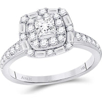 GND 14K White Gold Princess Cut Halo Engagement Ring with Round and Baguette Diamonds - 1 Carat Total Diamond Weight