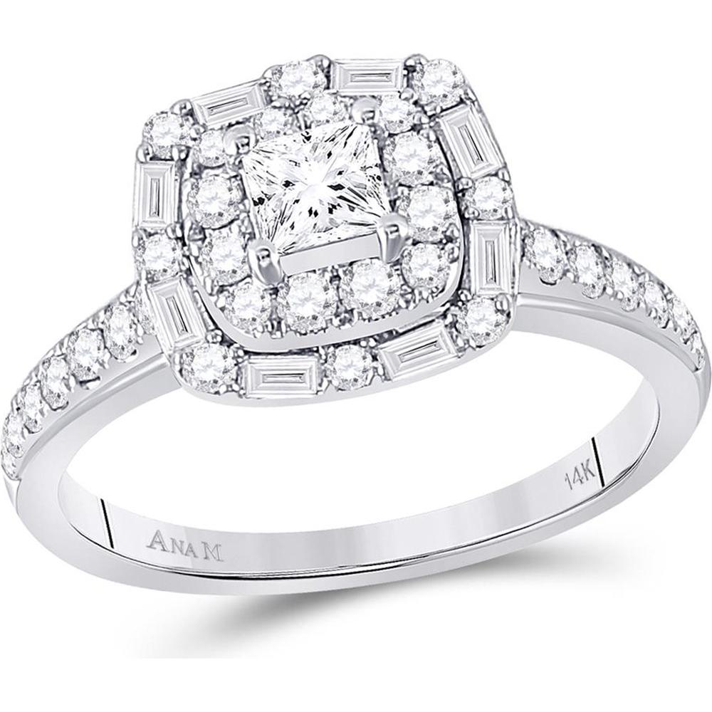 GND 14K White Gold Princess Cut Halo Engagement Ring with Round and Baguette Diamonds - 1 Carat Total Diamond Weight