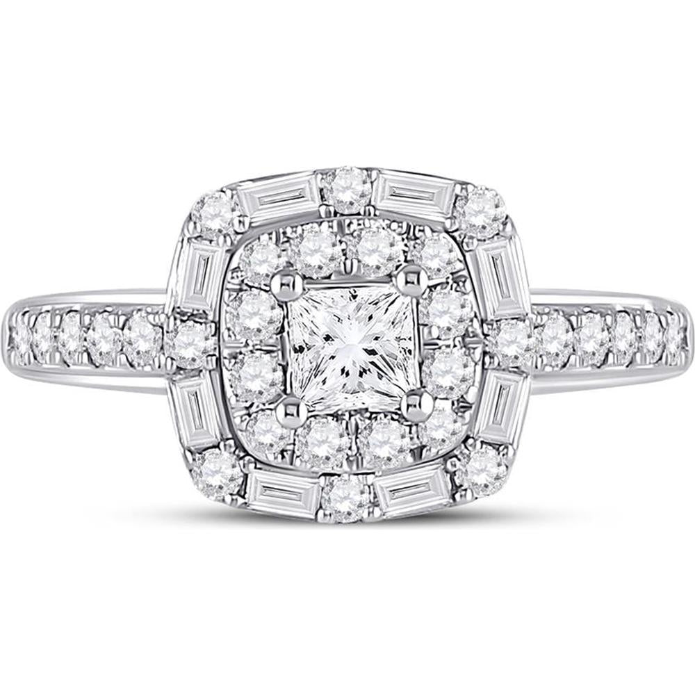 GND 14K White Gold Princess Cut Halo Engagement Ring with Round and Baguette Diamonds - 1 Carat Total Diamond Weight