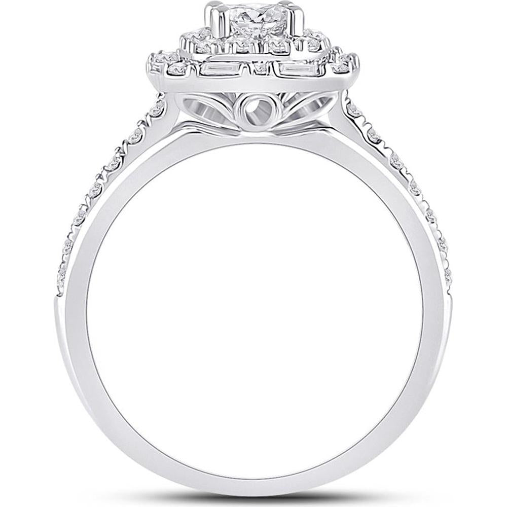 GND 14K White Gold Princess Cut Halo Engagement Ring with Round and Baguette Diamonds - 1 Carat Total Diamond Weight
