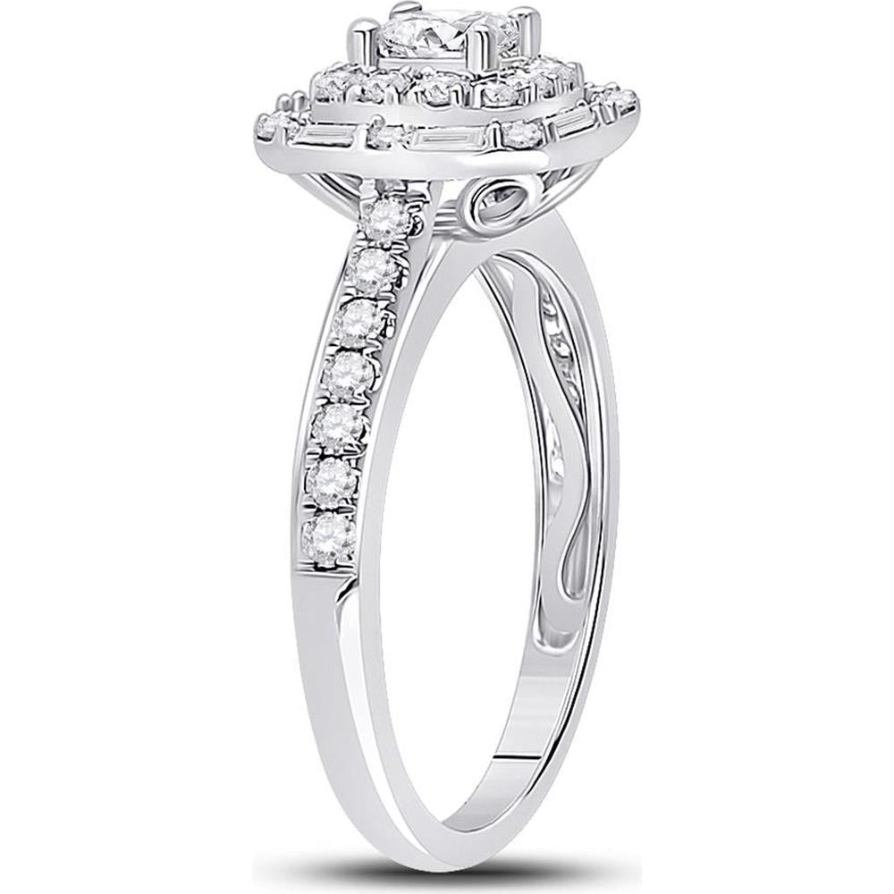 GND 14K White Gold Princess Cut Halo Engagement Ring with Round and Baguette Diamonds - 1 Carat Total Diamond Weight