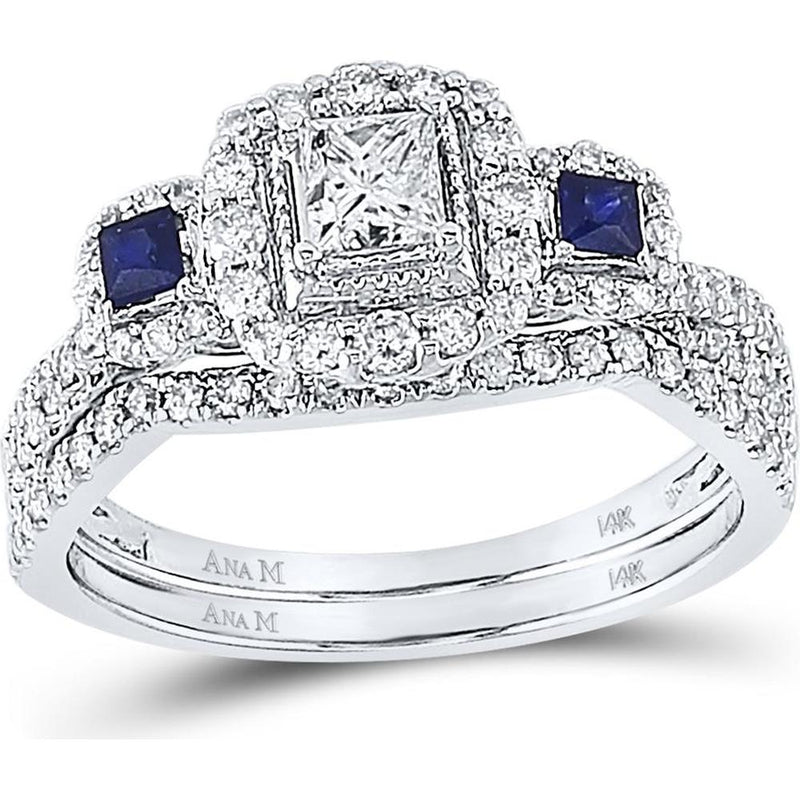 GND 14K White Gold Princess Diamond and Sapphire Bridal Wedding Ring Set - 7/8 Total Carat Weight