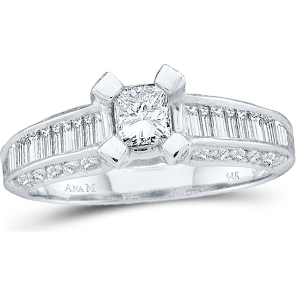GND 14K White Gold Princess Diamond Bridal Engagement Ring with Baguette and Pave Set Diamonds - 1 Carat Total Diamond Weight