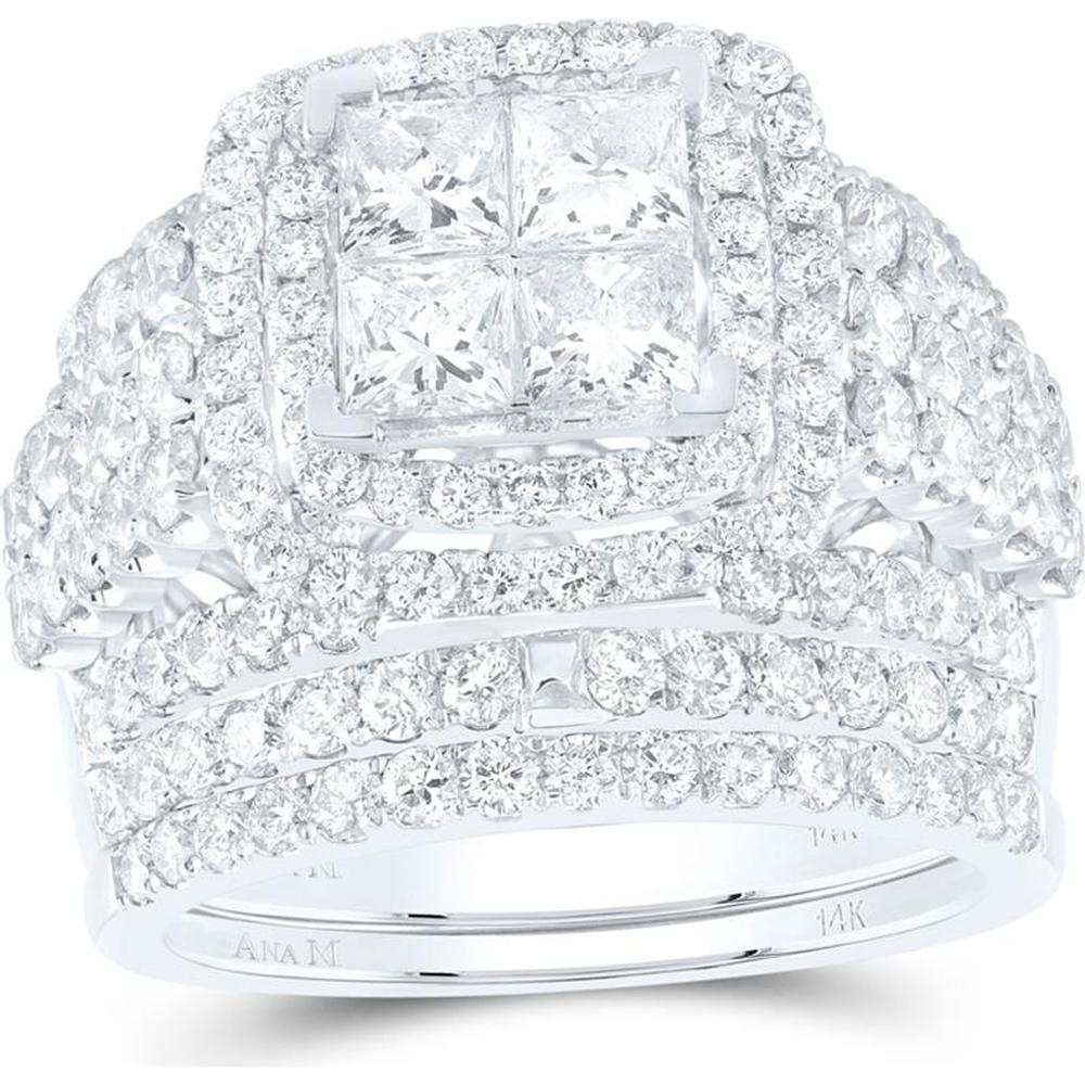 GND 14K White Gold Princess Diamond Bridal Wedding Ring Set with 1.07 Carat Princess and 2.66 Carat Round Diamonds - 3.75 Carat Total Diamond Weight