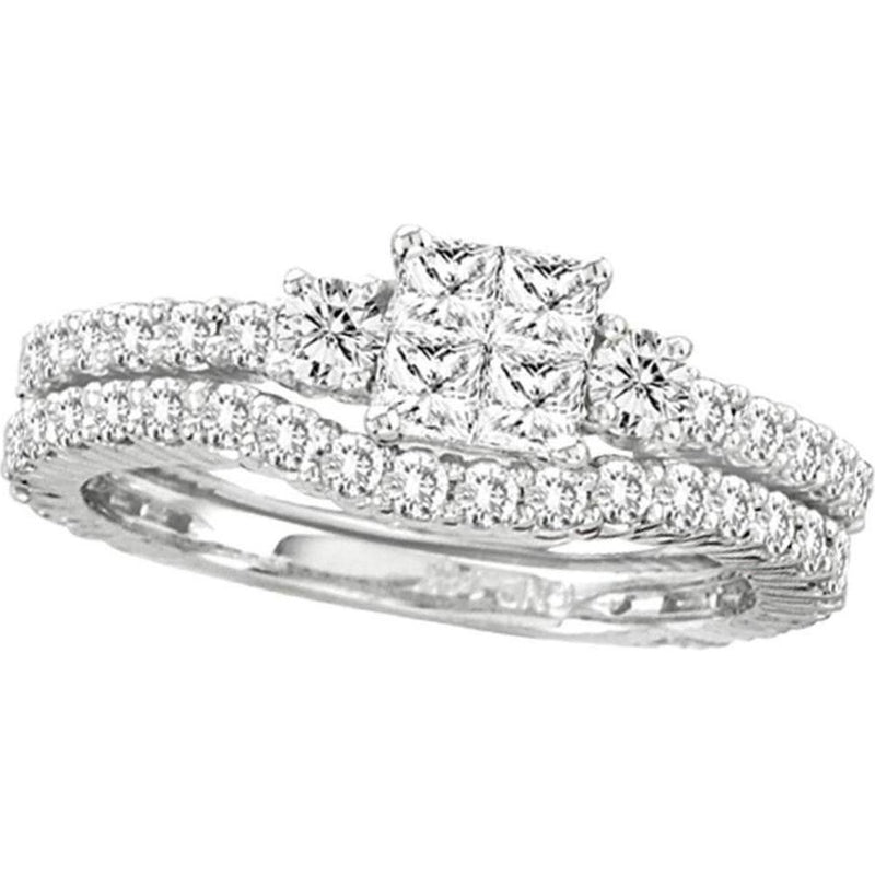 GND 14K White Gold Princess Diamond Bridal Wedding Ring Set with 1-1/2 Carats Total Weight