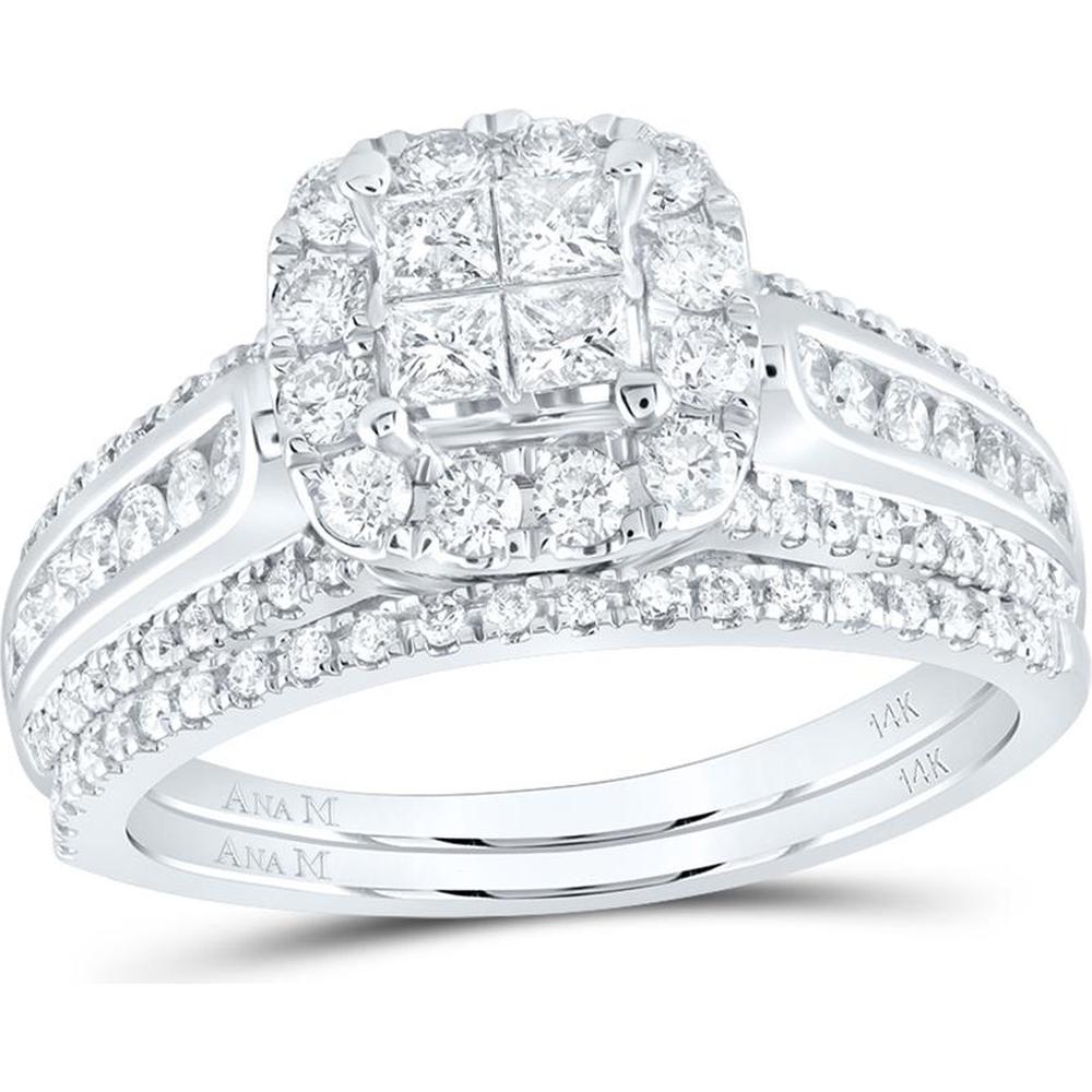 GND 14K White Gold Princess Diamond Bridal Wedding Ring Set with 1 Carat Total Diamond Weight