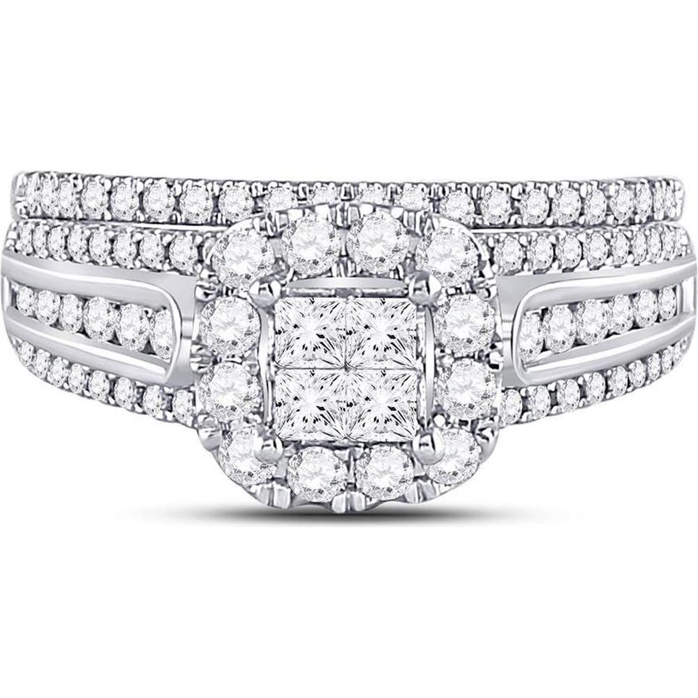 GND 14K White Gold Princess Diamond Bridal Wedding Ring Set with 1 Carat Total Diamond Weight