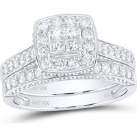 GND 14K White Gold Princess Diamond Bridal Wedding Ring Set with Halo and Pave-Set Round Diamonds - 1.00 Carat Total Diamond Weight