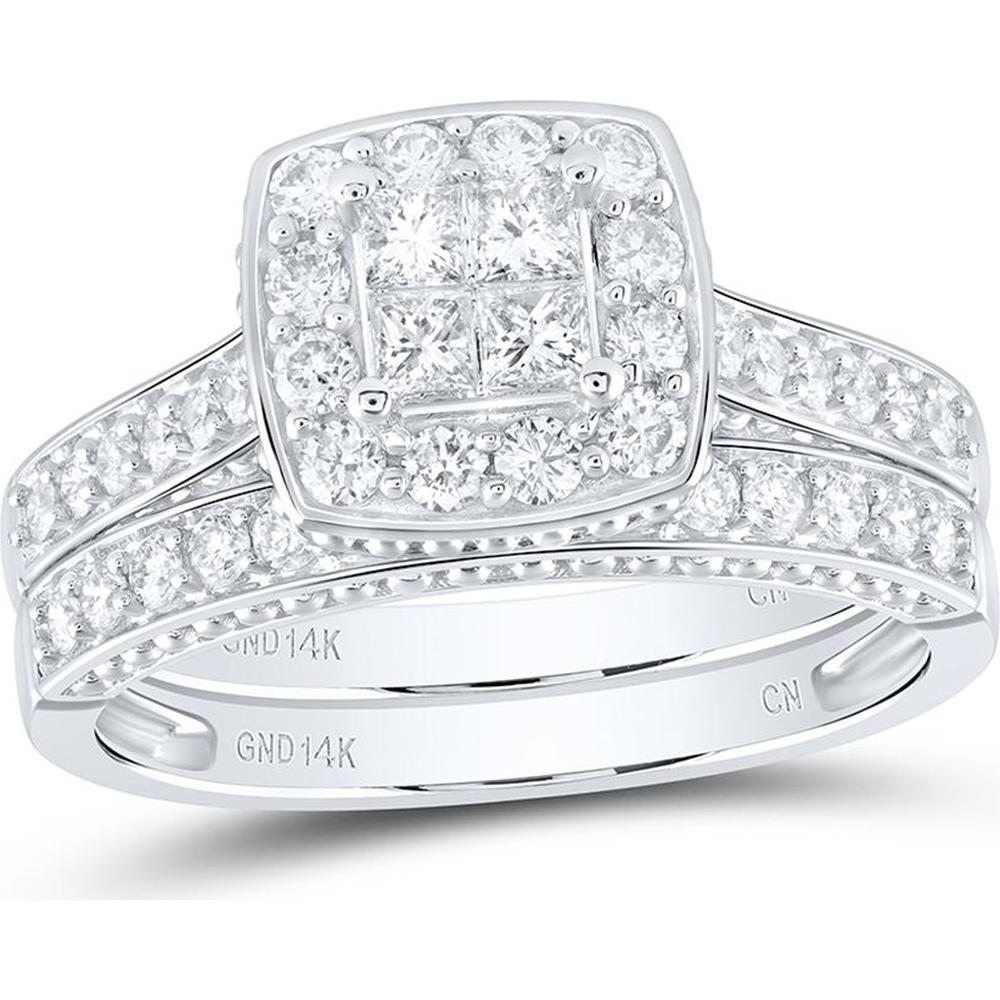 GND 14K White Gold Princess Diamond Bridal Wedding Ring Set with Halo and Pave-Set Round Diamonds - 1.00 Carat Total Diamond Weight
