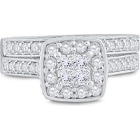 GND 14K White Gold Princess Diamond Bridal Wedding Ring Set with Halo and Pave-Set Round Diamonds - 1.00 Carat Total Diamond Weight