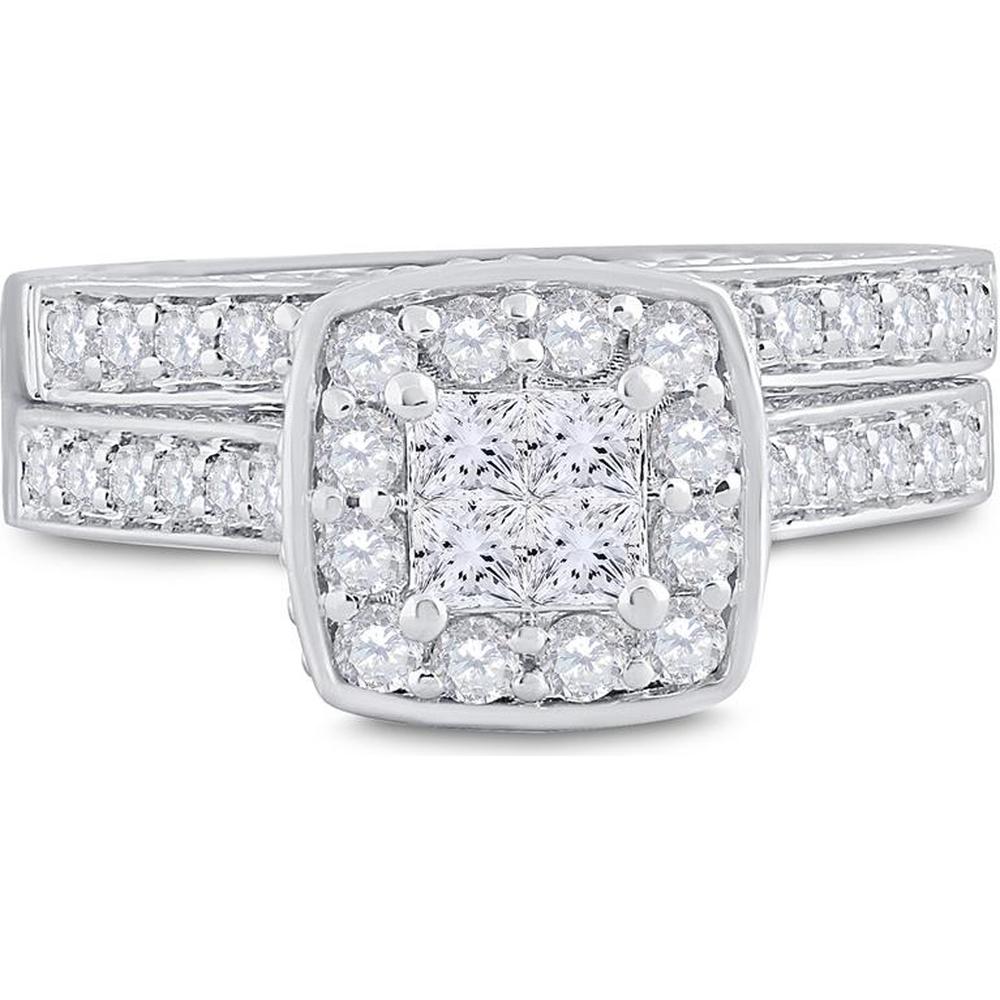 GND 14K White Gold Princess Diamond Bridal Wedding Ring Set with Halo and Pave-Set Round Diamonds - 1.00 Carat Total Diamond Weight