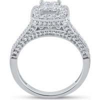 GND 14K White Gold Princess Diamond Bridal Wedding Ring Set with Halo and Pave-Set Round Diamonds - 1.00 Carat Total Diamond Weight