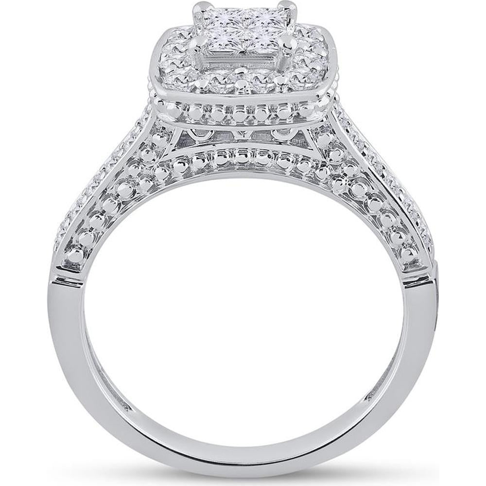 GND 14K White Gold Princess Diamond Bridal Wedding Ring Set with Halo and Pave-Set Round Diamonds - 1.00 Carat Total Diamond Weight