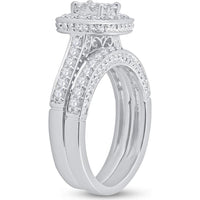 GND 14K White Gold Princess Diamond Bridal Wedding Ring Set with Halo and Pave-Set Round Diamonds - 1.00 Carat Total Diamond Weight