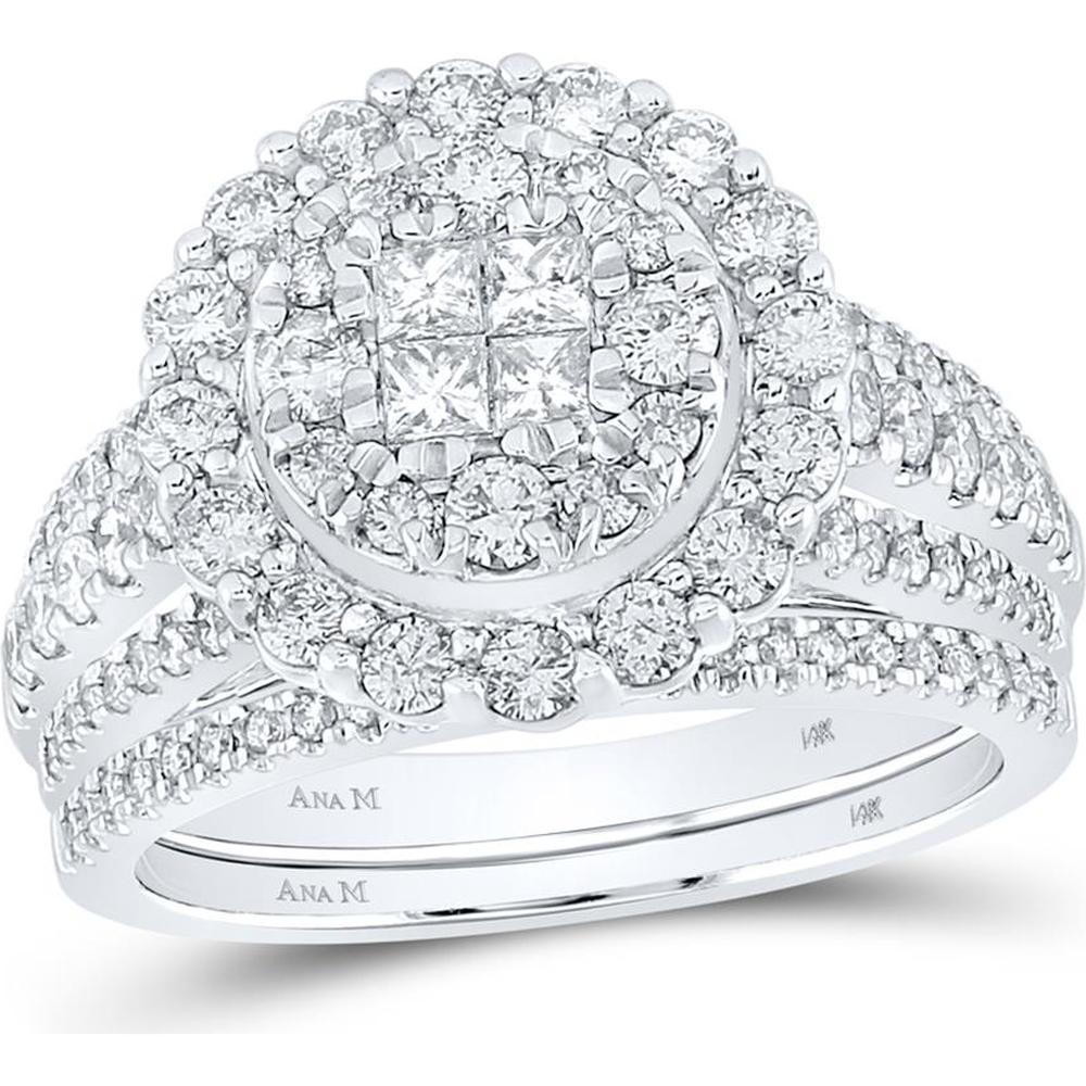 GND 14K White Gold Princess Diamond Bridal Wedding Ring Set with Halo and Round Diamonds – 1.50 Carat Total Diamond Weight
