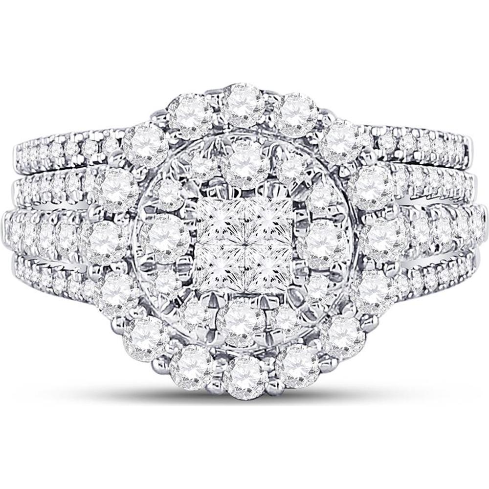 GND 14K White Gold Princess Diamond Bridal Wedding Ring Set with Halo and Round Diamonds – 1.50 Carat Total Diamond Weight