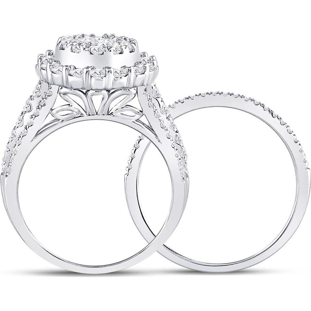 GND 14K White Gold Princess Diamond Bridal Wedding Ring Set with Halo and Round Diamonds – 1.50 Carat Total Diamond Weight