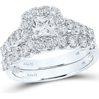 GND 14K White Gold Princess Diamond Bridal Wedding Ring Set with Round Halo Diamonds - 2 Carat Total Weight