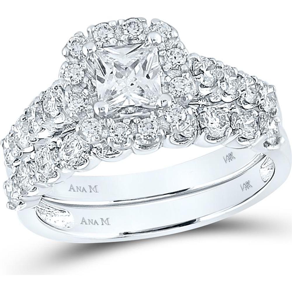 GND 14K White Gold Princess Diamond Bridal Wedding Ring Set with Round Halo Diamonds - 2 Carat Total Weight