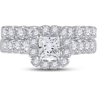 GND 14K White Gold Princess Diamond Bridal Wedding Ring Set with Round Halo Diamonds - 2 Carat Total Weight