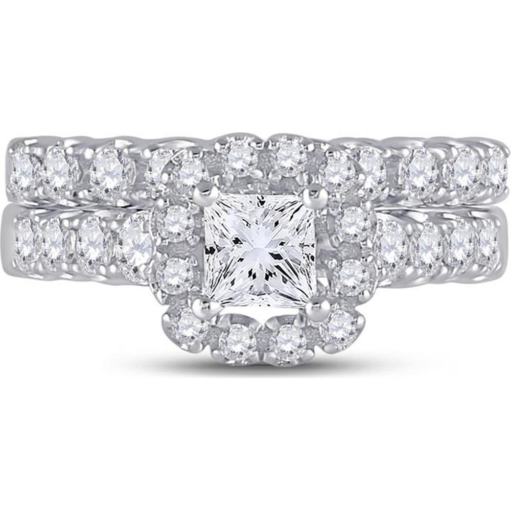 GND 14K White Gold Princess Diamond Bridal Wedding Ring Set with Round Halo Diamonds - 2 Carat Total Weight