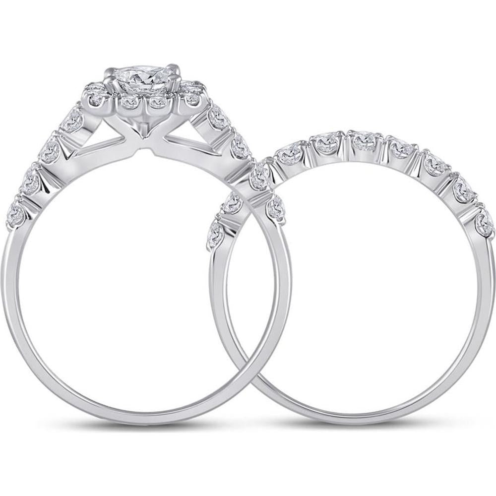 GND 14K White Gold Princess Diamond Bridal Wedding Ring Set with Round Halo Diamonds - 2 Carat Total Weight