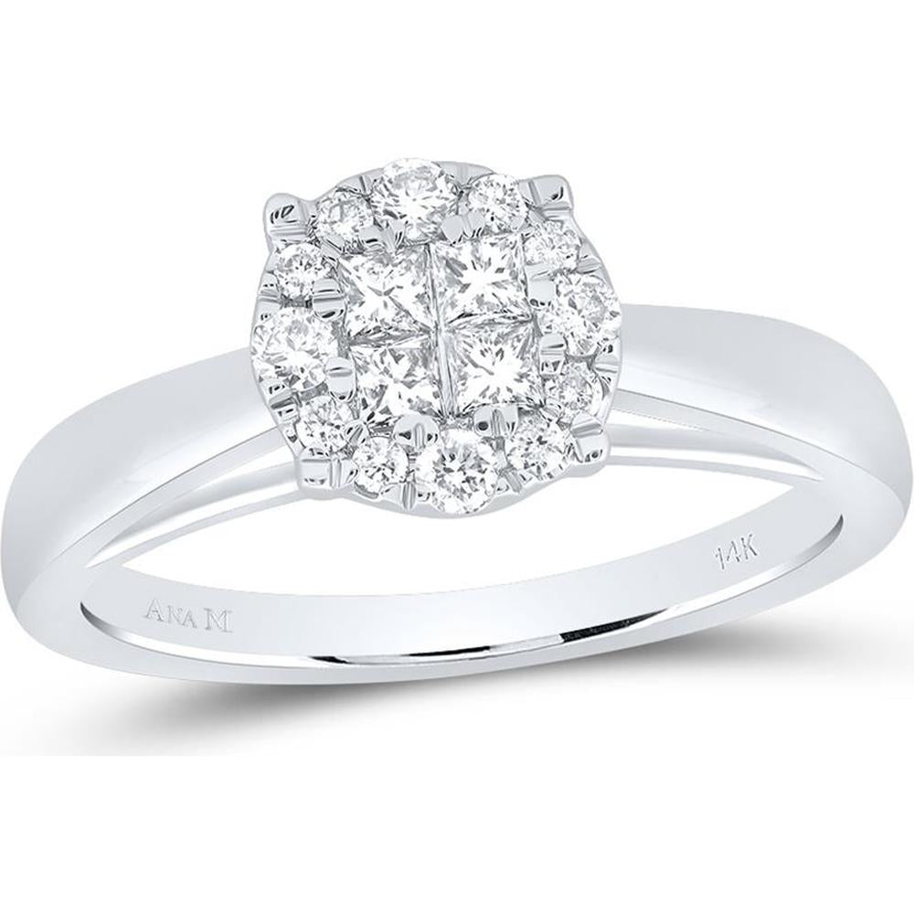 GND 14K White Gold Princess Diamond Cluster Engagement Ring with Pave-Set Round Diamonds - 1/4 Total Carat Weight