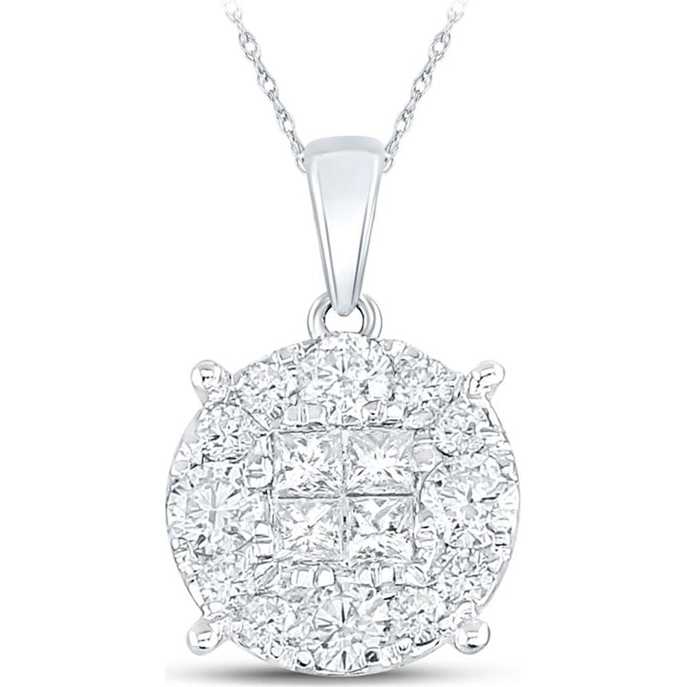 GND 14K White Gold Princess Diamond Cluster Pendant with Invisible and Pave Setting - 1.00 Carat Total Diamond Weight
