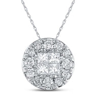 GND 14K White Gold Princess Diamond Cluster Pendant with Round Halo - 1 Carat Total Diamond Weight